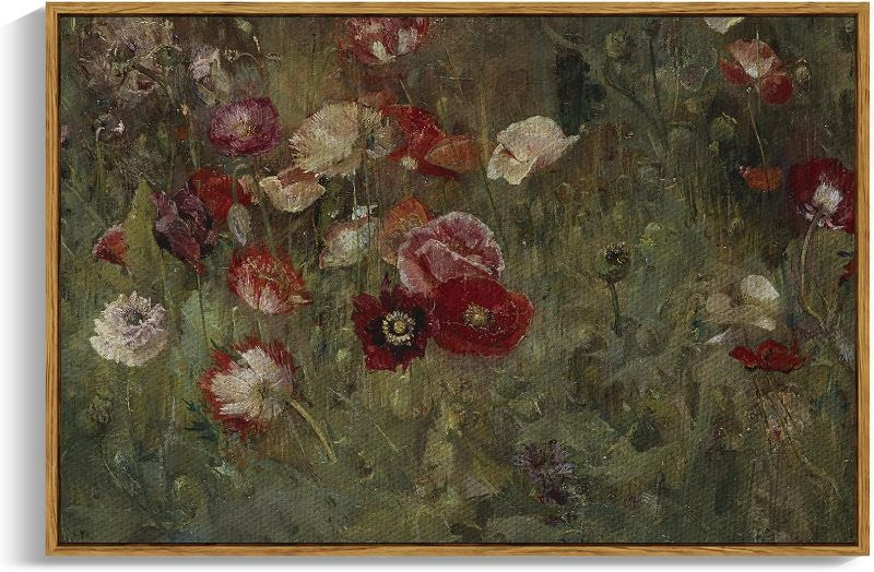 Photo 1 of InSimSea Framed Canvas Prints Wall Art Home Decor, Classical Floral Scenic Oil Painting Canvas Prints, Rustic Wall Decor for Bedroom Bathroom Decor Wall Art Office Decor 8x10in/20x25cm A Bed of Poppies 24x36 inch