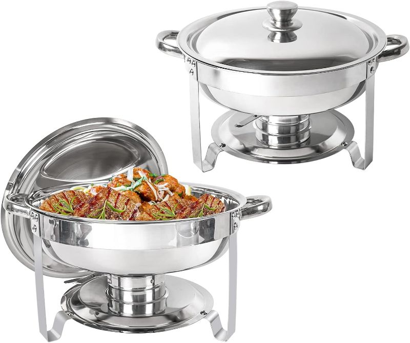 Photo 1 of Chafing Dish Buffet Set of 2 Pack, 5QT Round Stainless Steel Chafer for Catering, Upgraded Chafers and Buffet Warmer Sets with Food & Water Pan, Lid, Frame, Fuel Holder for Event Party Holiday