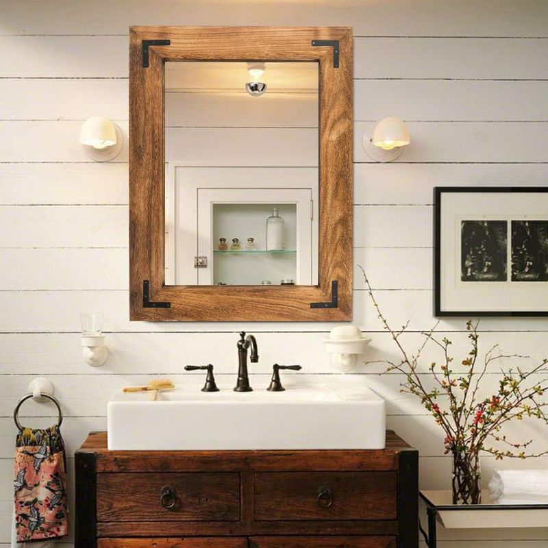 Photo 1 of Rustic Wooden Framed Wall Mirror, Natural Wood Bathroom Vanity Mirror for Farmhouse Decor, Vertical or Horizontal Hanging (26" x 18", Brown)