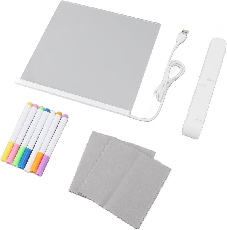 Photo 1 of LED Desk Light Up Dry Erase Board, Acrylic Clear Writing Board, Light Up Board Tablet with Stand 7 Colored Pens 2 Wiping Cloths for Writing and Recording,M