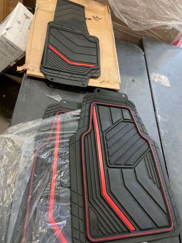 Photo 2 of Dickies 3-Piece Floor Mats, Heavy-Duty Rubber Liners, All-Weather Auto Protection, Anti-Slip Design, All-Season Trim-to-Fit Custom, Automotive Mats for Vehicles, Cars, Trucks, SUVs (Black/Red) 3-Piece Black-Red Rubber Floor Mats