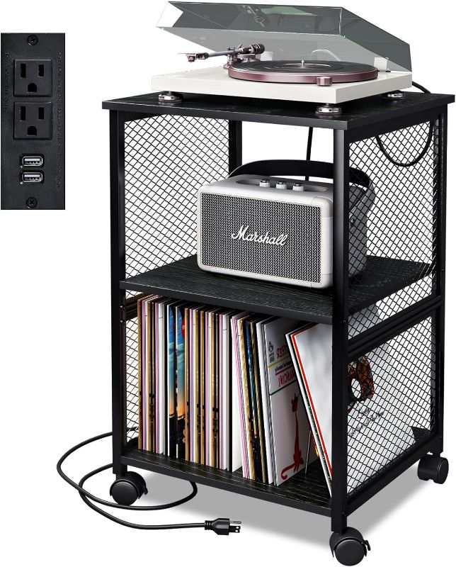 Photo 1 of TC-HOMENY Vinyl Record Storage Table, 3-Tier Record Player Stand with 3 Quick-Release Divider Up to 200 Albums, Fashion Turntable Stand for Bedroom Living Room and Office