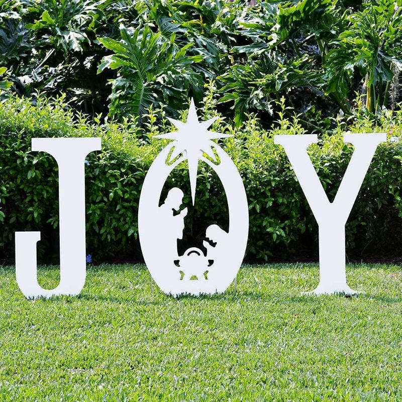 Photo 1 of Christmas Joy Nativity Yard Sign. Weatherproof Outdoor Christmas Decor. Made in USA, Durable Materials, Simple Assembly, Compact Storage. White. Solid Plastic