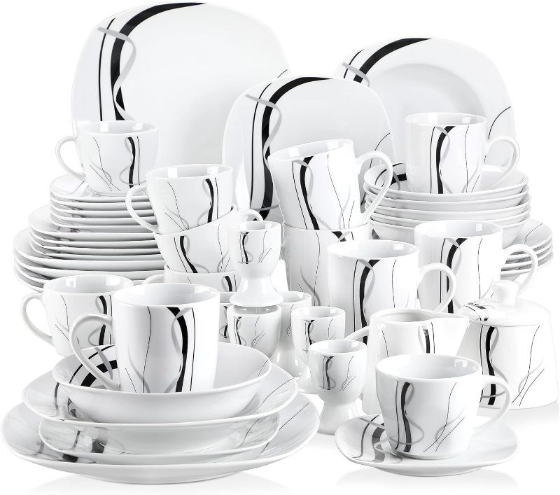 Photo 1 of VEWEET, Series Fiona, Dinnerware Sets for 6, 50-Piece Porcelain Dish Set, Including Dinner Plates and Bowls, Mugs, Egg Cups, Cup and Saucer Set, Milk Jug Sugar Pot, Microwave Dishwasher Safe