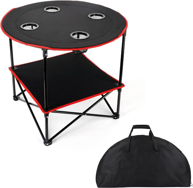 Photo 1 of Camping Table Beach Table 4 Cup Holders with Steel Frame Lightweight 600D Oxford Folding Picnic Table with Carrying Bag Fishing Table for Outdoor Indoor Beach Grill Travel BBQ Barbucue Red