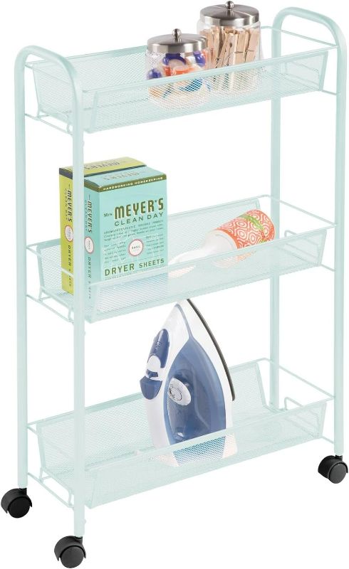 Photo 1 of mDesign Steel Rolling Utility Cart Storage Organizer Trolley with 3 Basket Shelves for Laundry Room, Mudroom, Garage, Bathroom Organization - Holds Detergents, Hand Soap - Biro Collection, Mint Green