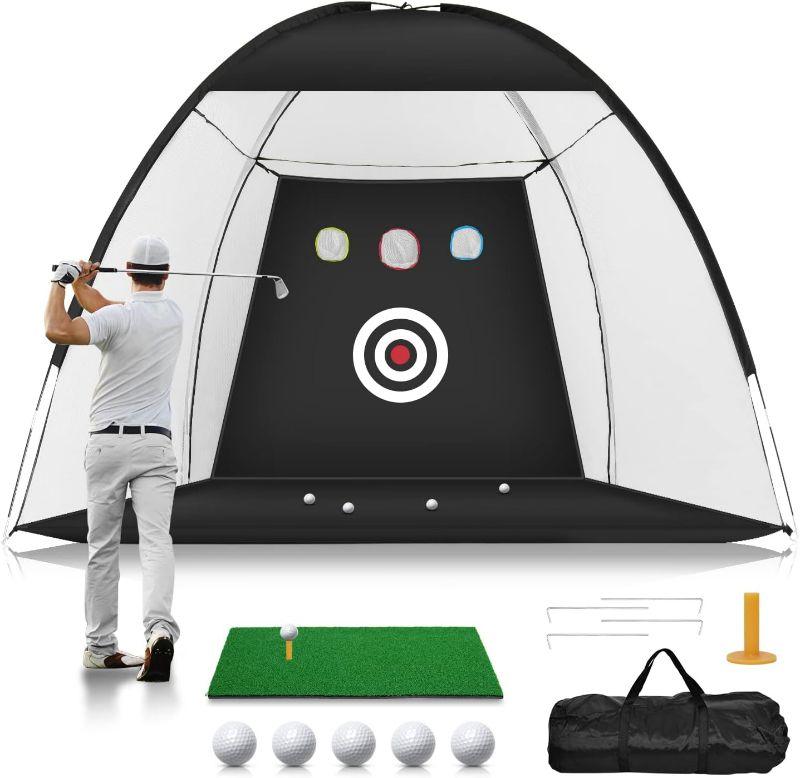 Photo 1 of Golf Practice Net, 10x7ft Golf Hitting Aids Nets for Backyard Driving Chipping, Home Golf Swing Training with Targets /1 Golf Mat / 5 Golf Balls / 1 Golf Tees/Bag - Men Indoor Outdoor Sports Game