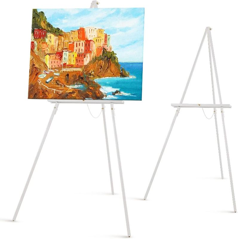 Photo 1 of Falling in Art 65" A-Frame Tripod Easel Stand, Wooden Display Easel with Adjustable Canvas Holder, Floor Easel for Wedding Signs, Posters, Paintings, Artwork(White) 2 Pack