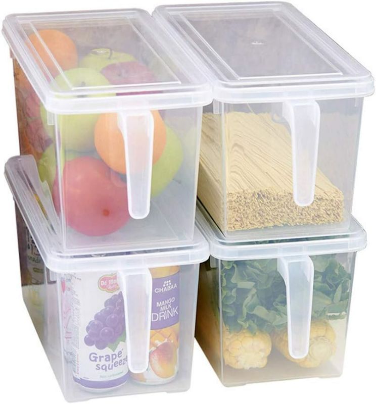 Photo 1 of MineDecor Plastic Storage Containers Square Food Storage Organizer Stackable Refrigerator Organizer Handle Kitchen Containers with Lids for Fruits Vegetables Meat Egg (Set of 4)