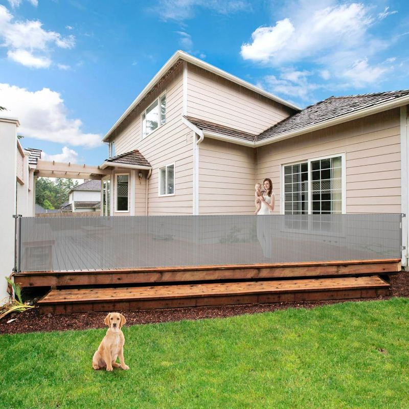 Photo 1 of 195 Inch Retractable Baby Gates Extra Wide Dog Gate for Large Openings 35" Tall Extra Large Retractable Dog Gates for The House Indoor/Outdoor Child Gate Mesh Pet Gates for Dogs Garage Deck Gate, Grey