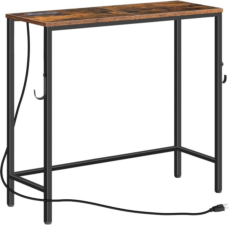 Photo 1 of Console Table, 29.5" Small Entryway Table, Sofa Table, Side Table, Entryway Table with Outlets and USB Ports, Display Table, Rustic Brown and Black (Rustic Brown + Black)