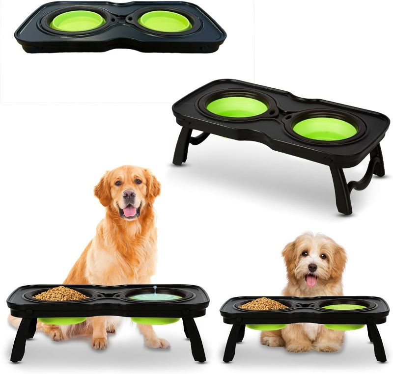 Photo 1 of Neater Collapsible Portable Travel Raised Silicone Dog Feeder Bowls with Non-Slip Stand, 2 Green Bowls Hold Both Food and Water for Large Dogs and Cats