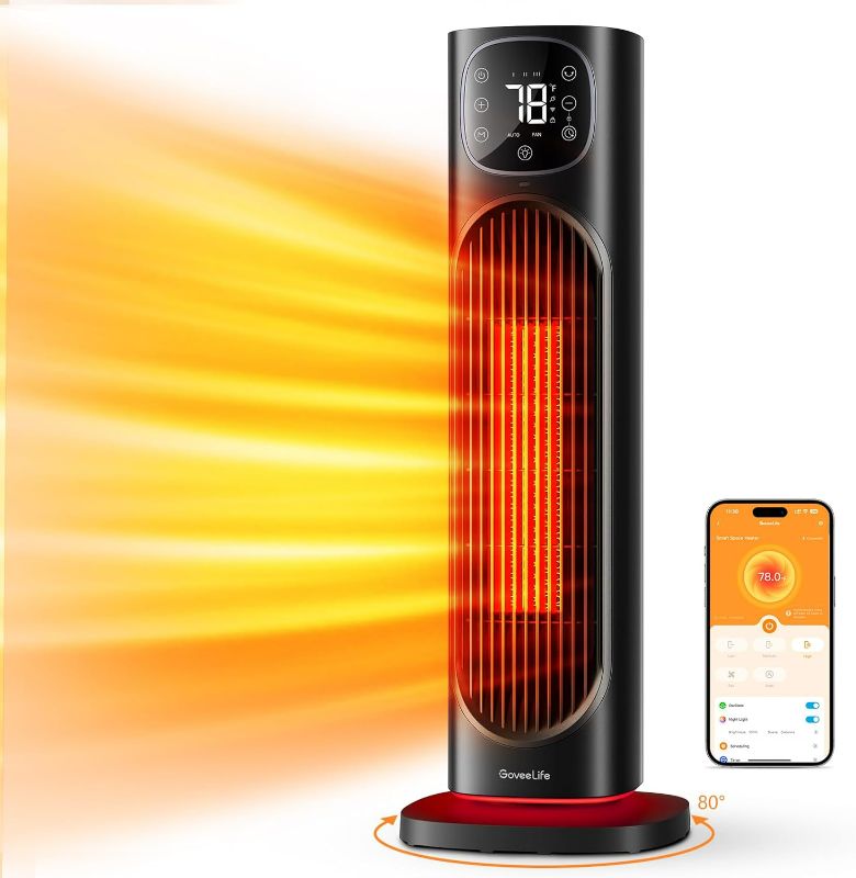 Photo 1 of GoveeLife 24" Space Heater, 80° Oscillating Smart Electric Heater with Thermostat, WiFi APP & Voice Control, 4 Mode, 24H Timer, Night Light, 1500W Tower Ceramic Heater for Indoor Use, Large Room