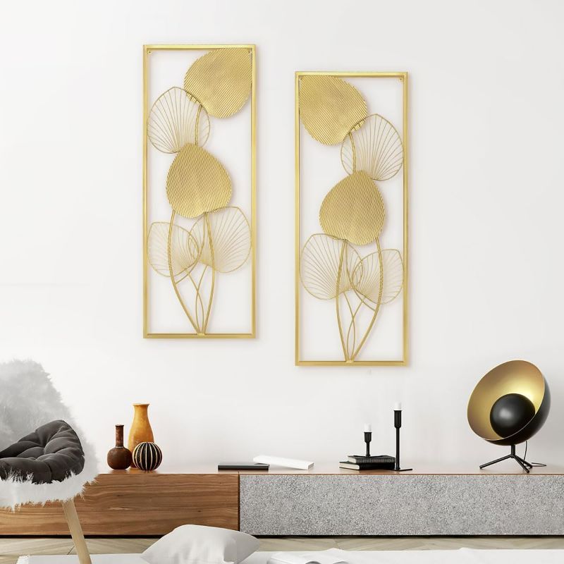 Photo 1 of 32" Large Home Metal Wall Decor Set of 2 Gold Metal Wall Art Wall Sculptures Ruffled Fan Palm Leaf Wall Hanging Decor with Frame for Living Room Bedroom Study Room Home Office