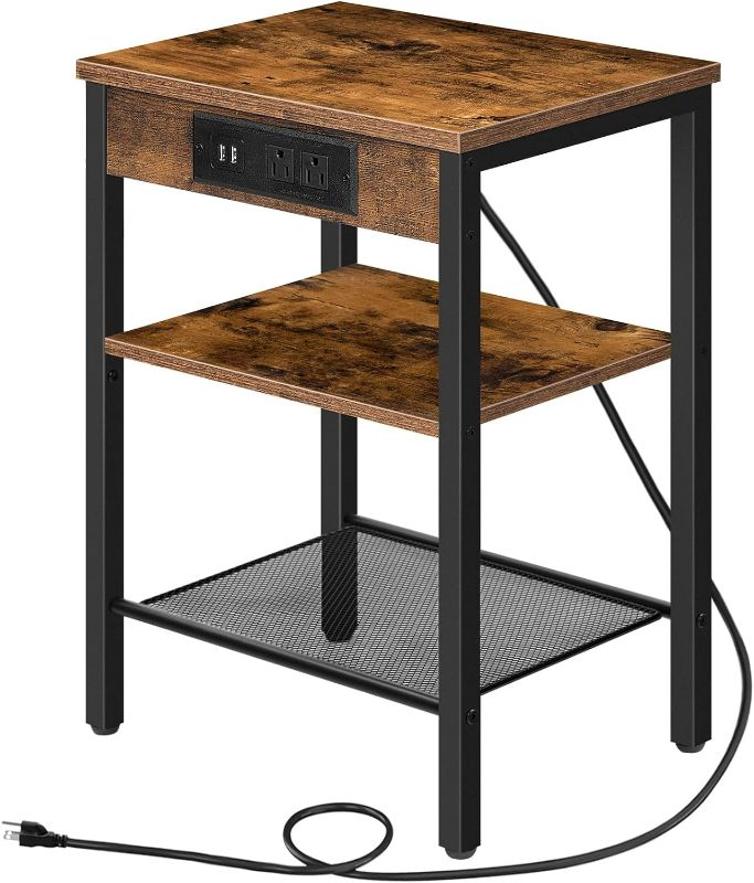 Photo 1 of End Table with Charging Station and USB Ports, 3-Tier Nightstand with Adjustable Shelf, Narrow Side Table for Small Space in Living Room, Bedroom and Balcony, Rustic Brown BF112BZ01