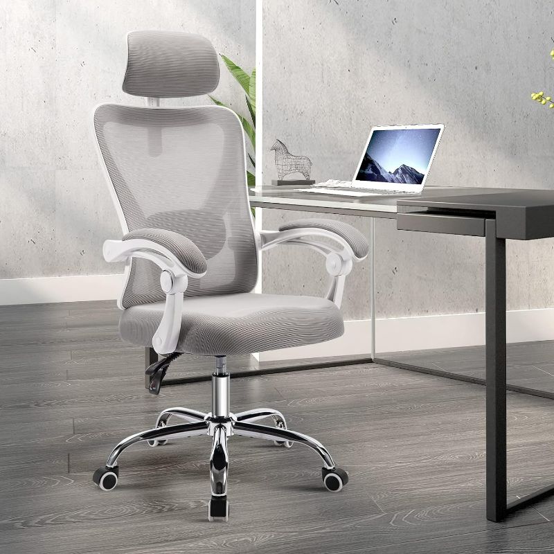 Photo 1 of Ergonomic Office Chair, Reclining Mesh Chair, Computer Desk Chair, Swivel Rolling Home Task Chair with Padded Armrests, Adjustable Lumbar Support and Headrest (Grey)