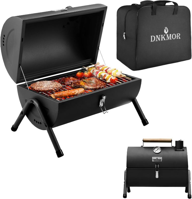 Photo 1 of Portable Charcoal Grill, Tabletop Outdoor Barbecue Smoker, Small BBQ Grill for Outdoor Cooking Backyard Camping Picnics Beach by DNKMOR BLACK
