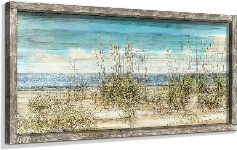Photo 1 of Ocean Framed Wooden Wall Art: Coastal Theme Painting Style Artwork 40"x20" Beach Art Prints Coastal Pictures Seaside Wall Decor for Living Room