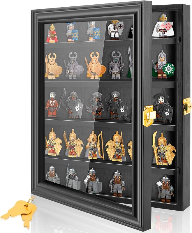 Photo 1 of Minifigure Display Case, Miniature Display Case for Lego Small Objects Collectibles Display, Mini Figure Display Case/Cabinet Wall Mount with Glass Door Lockable, 5 Rows (Black) 14" H x 11" W