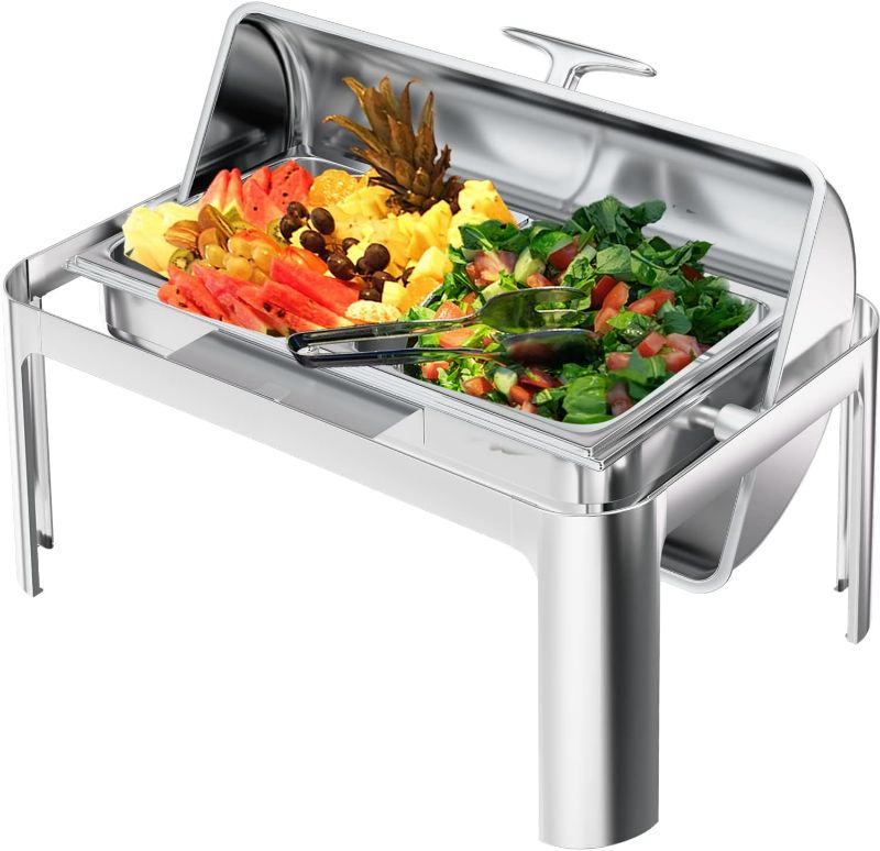 Photo 1 of Roll Top Chafing Dish Buffet Set, 8 Qt Stainless Steel Chafer with 2 Half Size Pans Buffet Servers and Warmers Set Warming Tray for Wedding, Parties, Banquet, Catering Events, Graduation