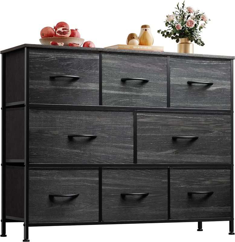 Photo 1 of WLIVE Fabric Bedroom Dresser TV Stand, Storage Drawer Unit for 32 40 43 inch TV, Wide Dresser with 8 Large Deep Drawers for Office, College Dorm, Charcoal Black Wood Grain Print