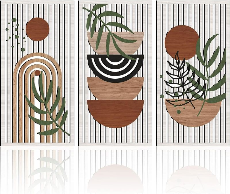 Photo 1 of IARTTOP Large Mid Century Modern Decor Hollow Wooden Wall Art Abstract Geometric Boho Wall Decor Minimalist Decor Sun Moon Plant Nature Wall Decor For Living Room Bedroom Office- Set Of 3?32"x16"?