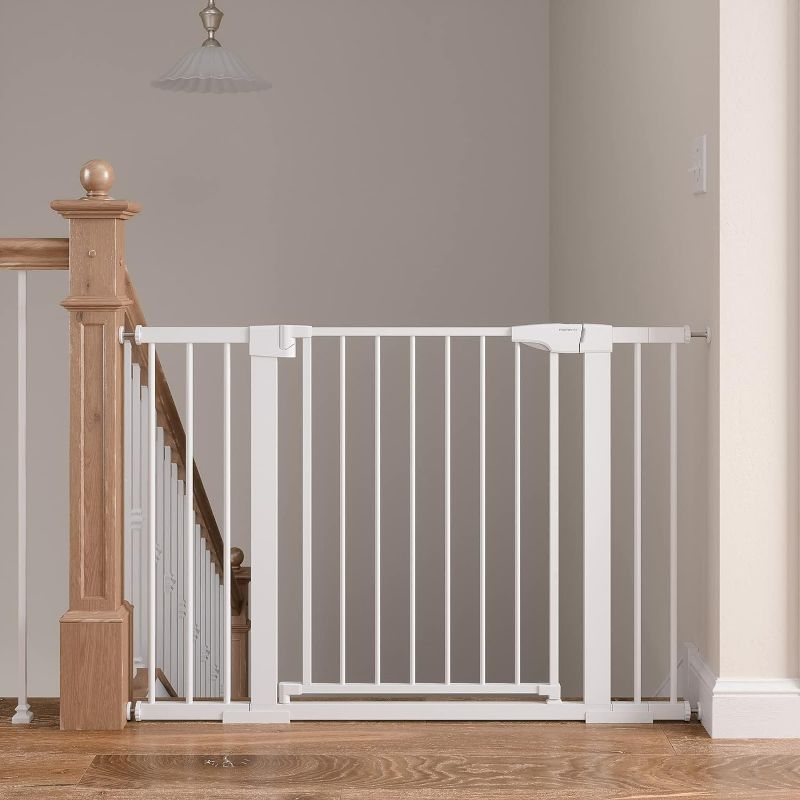 Photo 1 of Baby Gate for Stairs, 29.6"-46" Pressure Mounted Pet Gate with Walk Through Door, Auto Close Dog Gate for House, Stairs, Doorways