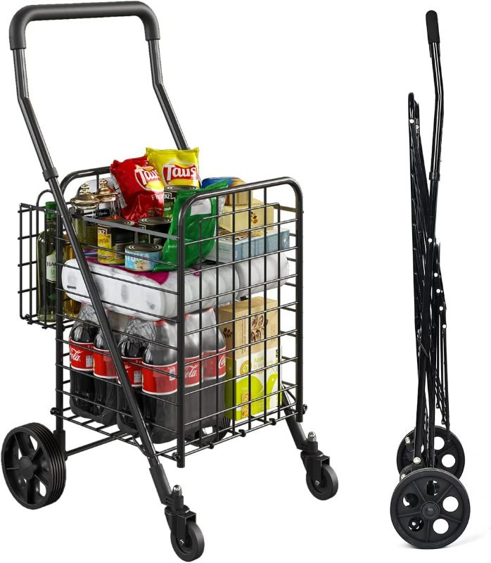 Photo 1 of Grocery Shopping Cart with 360° Swivel Wheels Folding Utility Cart with Easily Collapsible Cart with Extended Foam Cover, Trolley for Laundry, Groceries, Travel (Black, Medium)