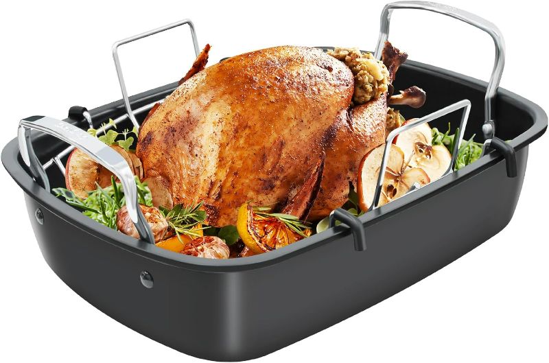 Photo 1 of Slow Slog Roasting Pan, 17 Inch x 13 Inch Roaster with Removable Rack, Nonstick Roaster Pan for Roasting Turkey, Meat & Vegetables (Silver) Black/Silver