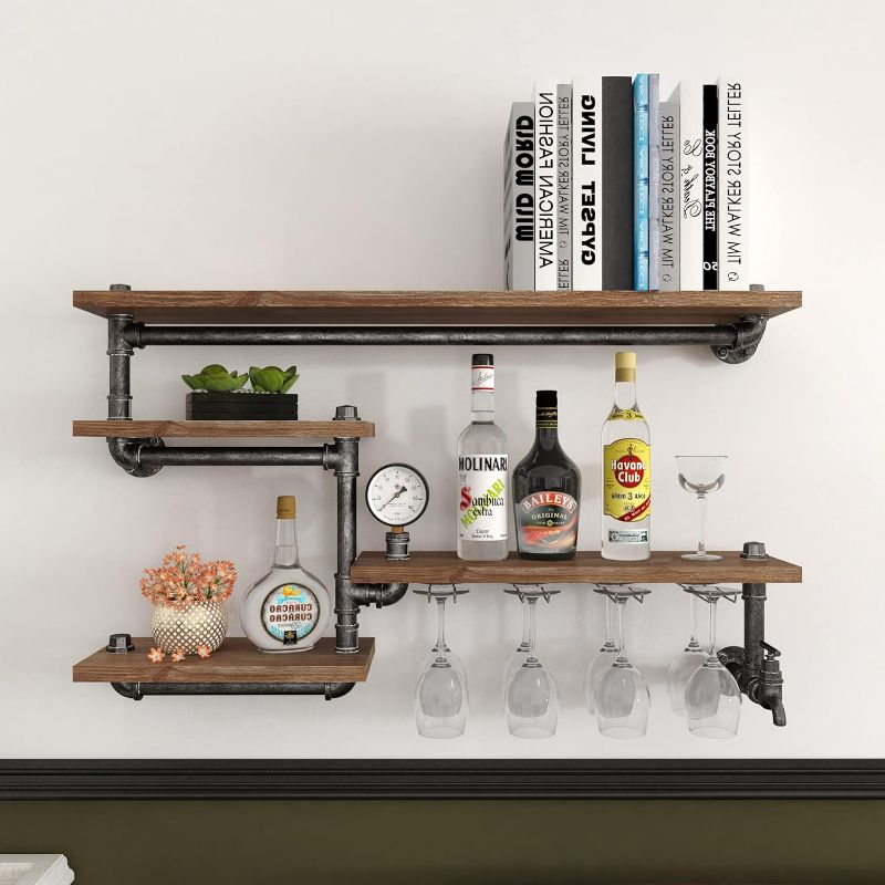 Photo 1 of HOMEKAYT Industrial Pipe Wine Rack, Wall Mounted Wine Rack with 4 Stem Glass Holder, Metal Floating Bar Shelves Wall Bar Shelf for Kitchen/Living Room/Home