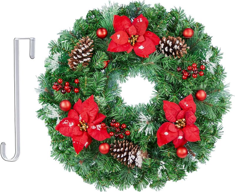 Photo 1 of Wreath Decoration - Frosted Wreath with Red Poinsettia and Red Ornaments - Artificial Greenery Wreath - Fade Resistant
