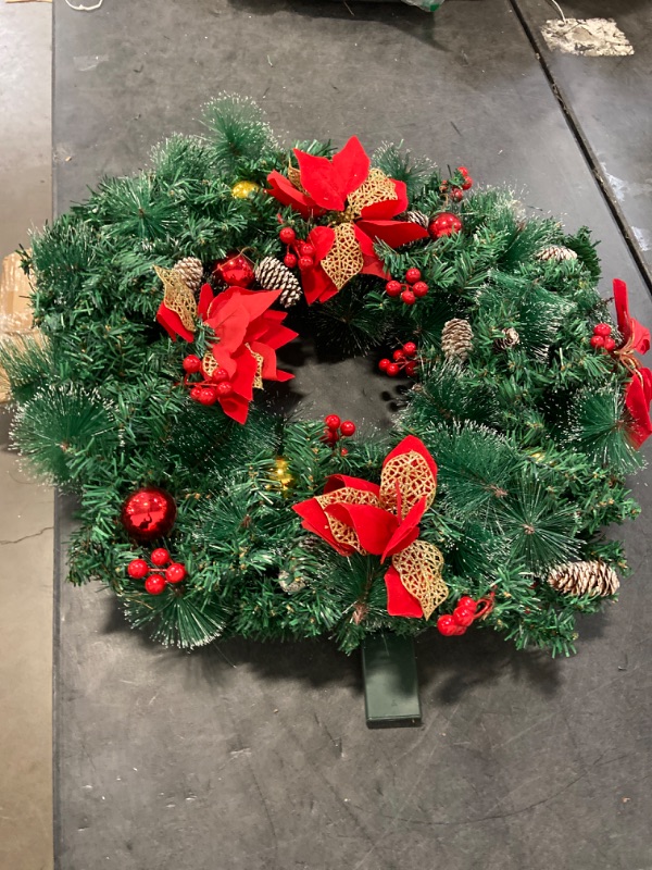Photo 2 of Wreath Decoration - Frosted Wreath with Red Poinsettia and Red Ornaments - Artificial Greenery Wreath - Fade Resistant