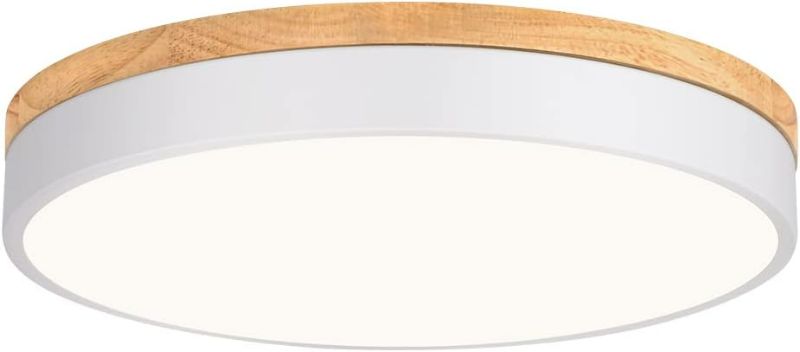 Photo 1 of Modern Dimmable LED Close to Ceiling Light Minimalist Wood Oak Flush Mount Ceiling Light Fixture with Lampshade for Bedroom Living Room Bathroom Laundry Room (White-Dimmable, 15.7''/40cm)