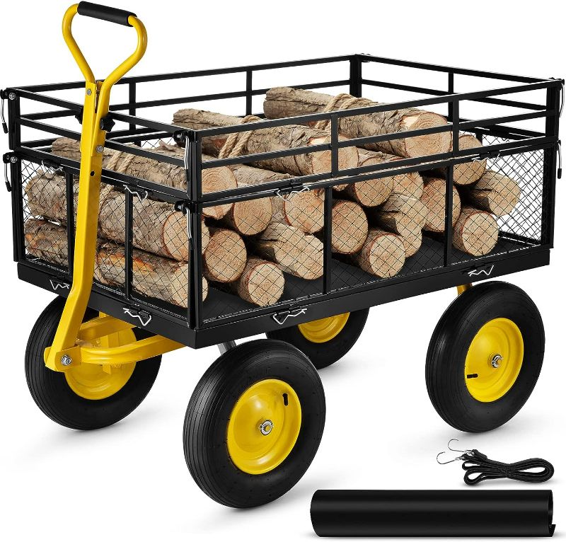 Photo 1 of VEVOR Steel Garden Cart, Heavy Duty 1400 lbs Capacity, with Removable Mesh Sides to Convert into Flatbed, Utility Metal Wagon with 2-in-1 Handle and 15 in Tires, Perfect for Garden, Farm, Yard