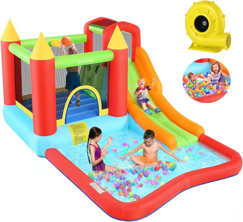 Photo 1 of DREAMVAN Inflatable Bounce House with Blower, Bouncy Castle/Waterslide & Pool for Wet Dry Combo, Perfect for Toddlers, Kids, Children