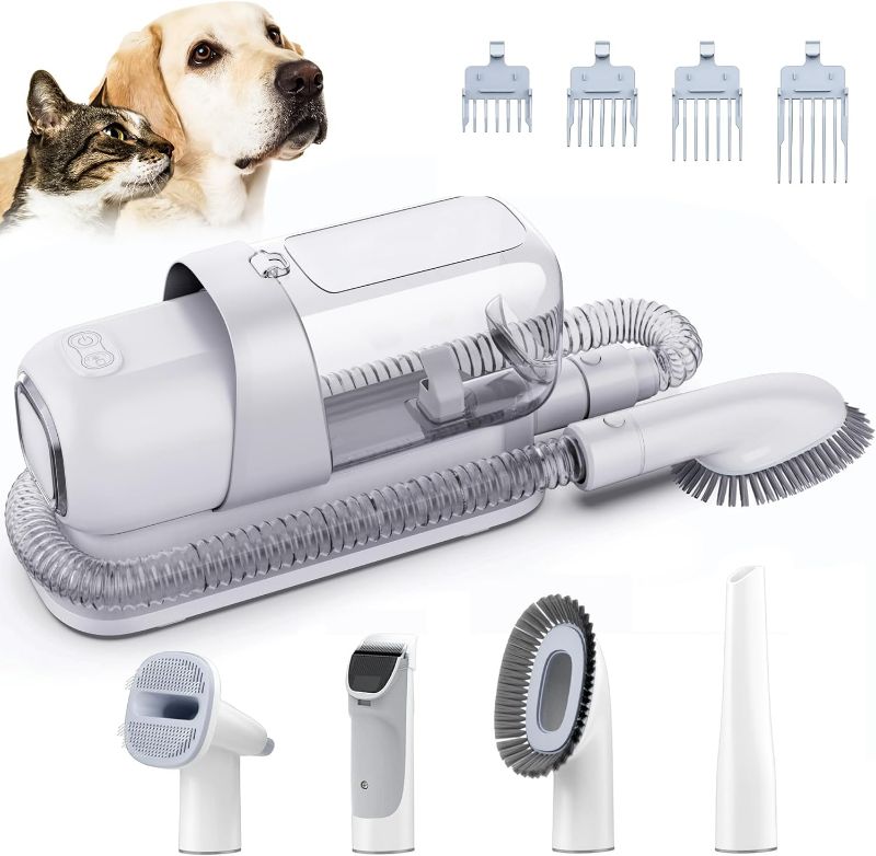 Photo 1 of Grooming Kit with 2.3L Vacuum Suction 99% Pet Hair, Pet Grooming Vacuum Low Noise with 5 Tools and 4 Different Lengths Clipper Guards for Dog Cat (White)