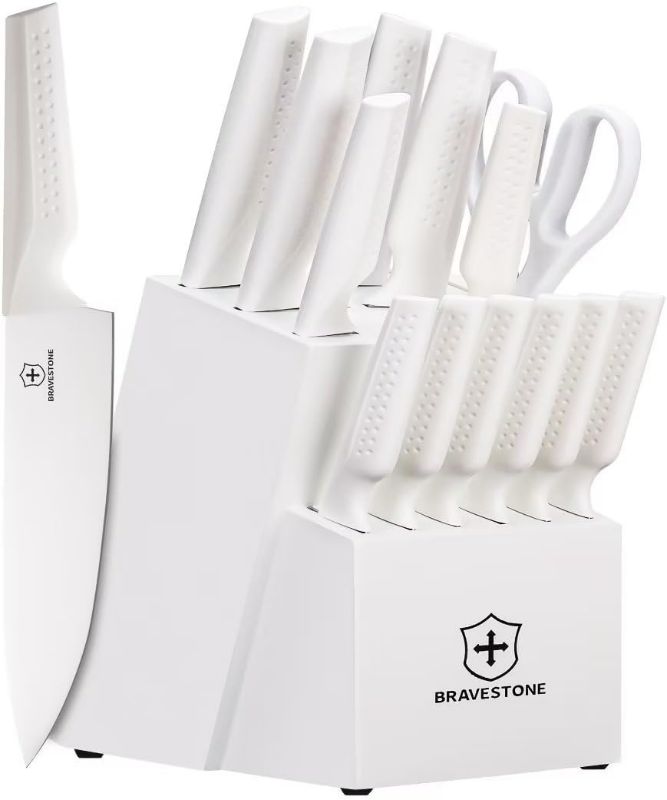 Photo 1 of Knife Sets for Kitchen with Block, 15 Pcs Kitchen Knife Set with Block Self Sharpening, Dishwasher Safe, Anti-slip handle, White