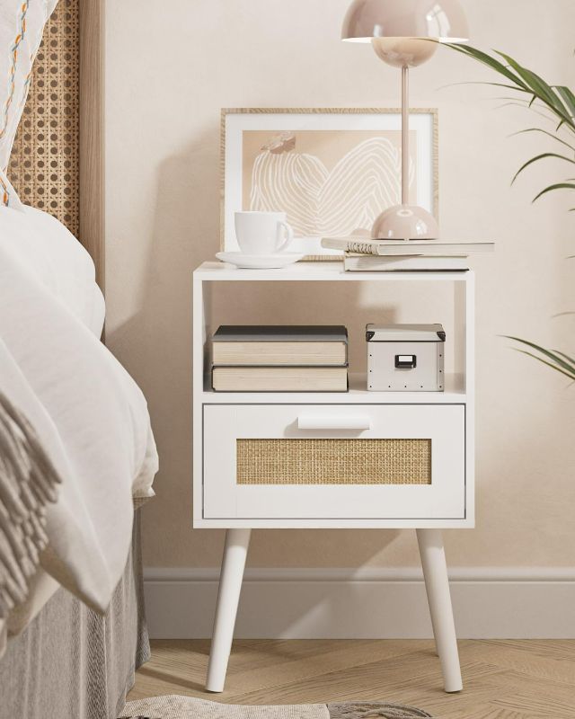Photo 1 of Nightstands, End Table, Rattan Nightstand, Side Table with Hand Made Rattan Decorated Drawers, Wood Accent Table with Storage for Bedroom, White
