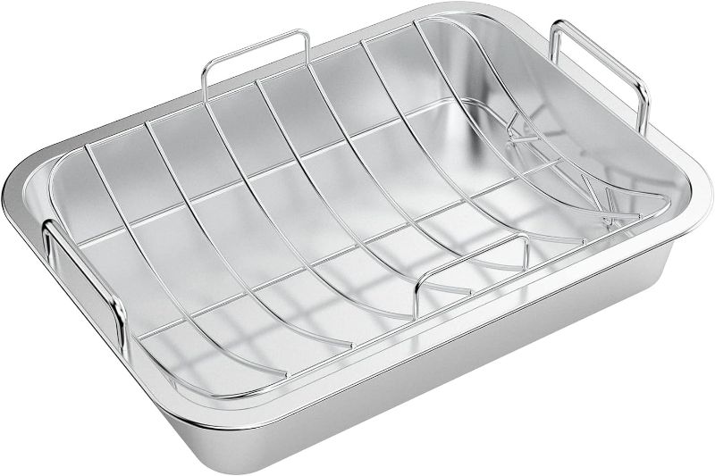 Photo 1 of onlyfire Roasting Pan with U-Rack - Stainless Steel Barbecue Bakeware Roaster, 16 Inch Rectangular Turkey Roaster Lasagna Pan for Roasting Turkey, Chicken, Meat & Vegetables, Oven Safe
