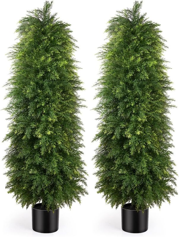 Photo 1 of 2 Pack 5ft Artificial Cedar Topiary Trees, Outdoor Artificial Plants for Front Porch Décor, Artificial Shrubs Fake Plants Uv Rated Potted Plants for Outdoor, Indoor, Front Door, Office.
