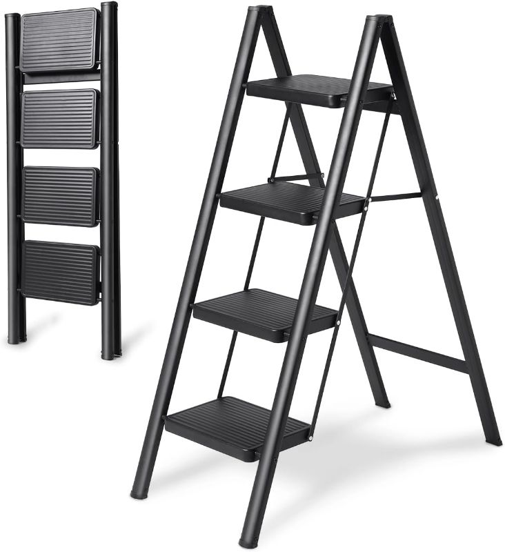 Photo 1 of 4 Step Ladder Folding Step Stool, Heavy Duty 330 Lbs Load Step Ladders for Home, Tall Kitchen/Closet Stepladder for Adults, Black Small & Lightweight Ladder with Anti-Slip
