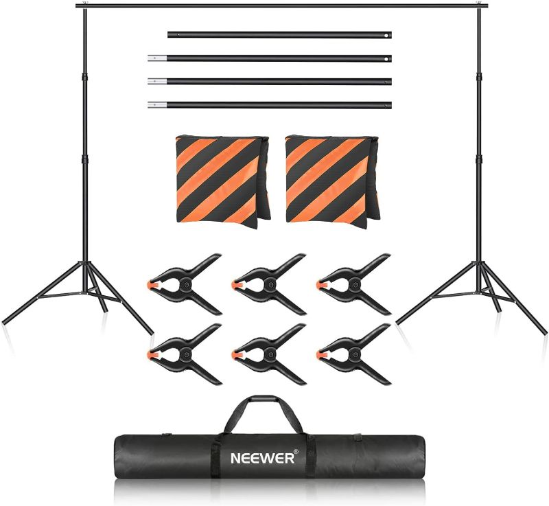 Photo 1 of NEEWER Photo Studio Backdrop Support System, 10ft x 7ft//3m x 2.1m Adjustable Background Stand with 4 Crossbars, 6 Backdrop Clamps, 2 Orange Sandbags, and Carrying Bag for Portrait Studio Photography
