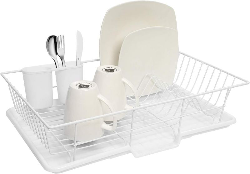 Photo 1 of Sweet Home Collection Metal, Plasic 3 Piece Dish Drainer Rack Set with Drying Board and Utensil Holder, 12" x 19" x 5", White
