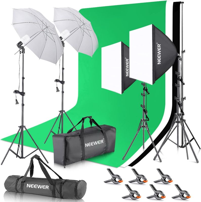 Photo 1 of NEEWER Photography Lighting kit with Backdrops, 8.5x10ft Backdrop Stands, UL Certified 5700K 800W Equivalent 24W LED Umbrella Softbox Continuous Lighting, Photo Studio Equipment for Photo Video Shoot

