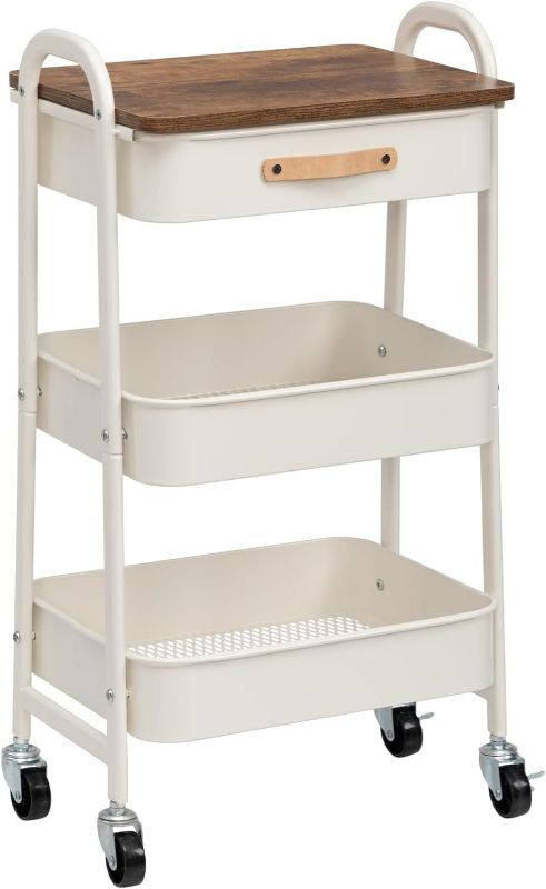 Photo 1 of AGTEK Makeup Cart Movable Rolling Organizer Cart with Drawer, 3 Tier Metal Utility Cart with Hanging Cups,Drawer with Leather Handle, Mobile Trolley Cart for Home & Office, White