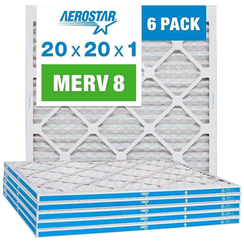 Photo 1 of Aerostar 20x20x1 MERV 8 Pleated Air Filter, AC Furnace Air Filter, 6 Pack (Actual Size: 19 3/4" x 19 3/4" x 3/4")
