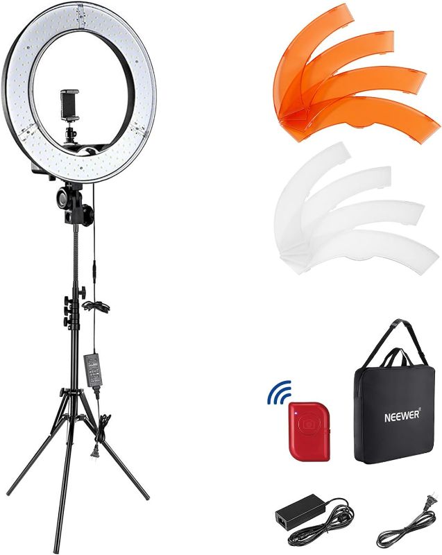 Photo 1 of NEEWER Ring Light 18inch Kit: 55W 5600K Professional LED Ring Light with Stand and Phone Holder, Soft Tube & Bag for Tattoo Lash Extension Barber Makeup Artist Studio Video Photography Lighting, RL-18
