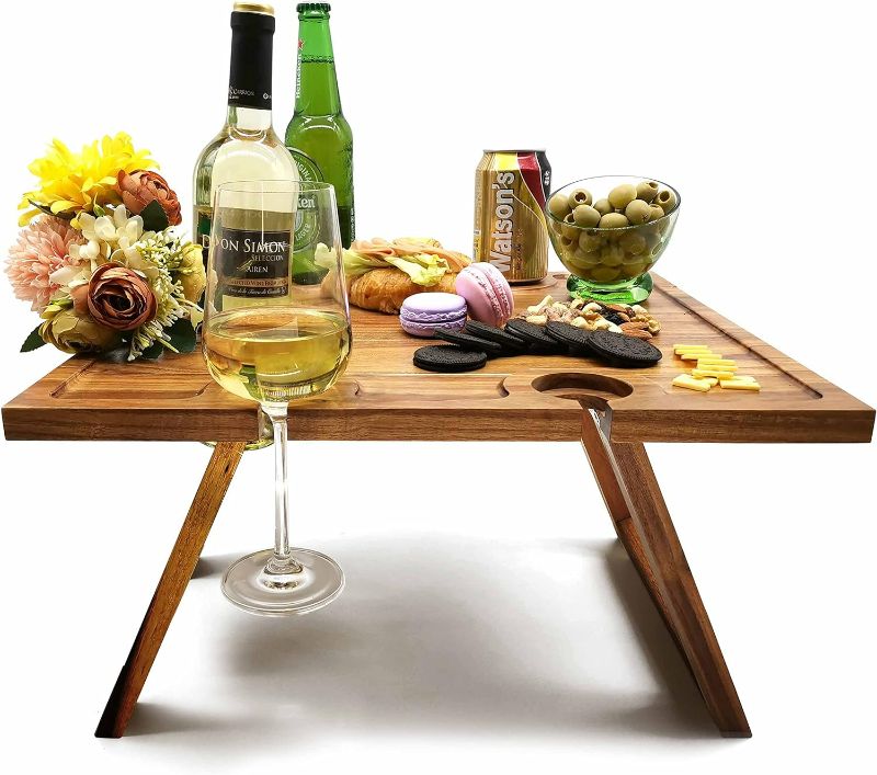 Photo 1 of Portable Wine Picnic Table, Wine Tray Foldable, Acacia Wood, Charcuterie Board Tray, Bed Tray for Eating, Wine Gift Beach Party, Camping, Concerts at Park, Glamping
