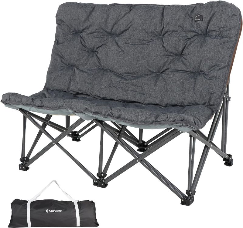 Photo 1 of KingCamp Double Folding Camping Chair, Oversized Loveseat Camping Chair for Outdoor with Carry Bag, Portable Foldable Lawn Chairs with Padded Seat, Heavy Duty for Adults, Supports 600 lbs, Grey
