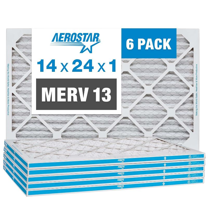 Photo 1 of Aerostar 14x24x1 MERV 13 Pleated Air Filter, AC Furnace Air Filter, 6 Pack (Actual Size: 13 3/4"x 23 3/4" x 3/4")
